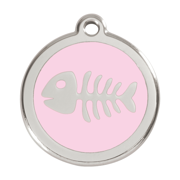 Vue avant - Médaille personnalisable pour chien Red Dingo Émail et acier inoxydable Squelette de poisson Rose - Size L