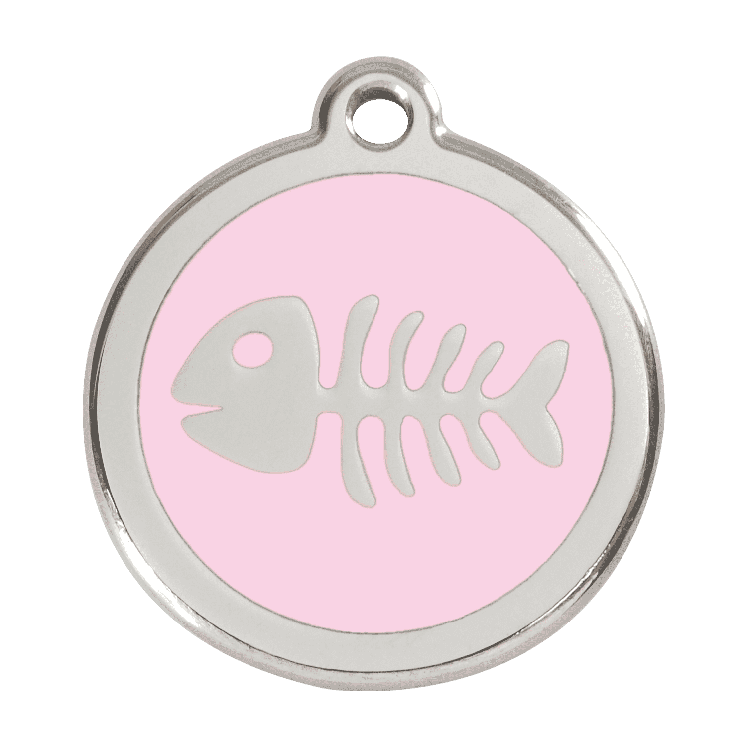 Vue avant - Médaille personnalisable pour chien Red Dingo Émail et acier inoxydable Squelette de poisson Rose - Size L