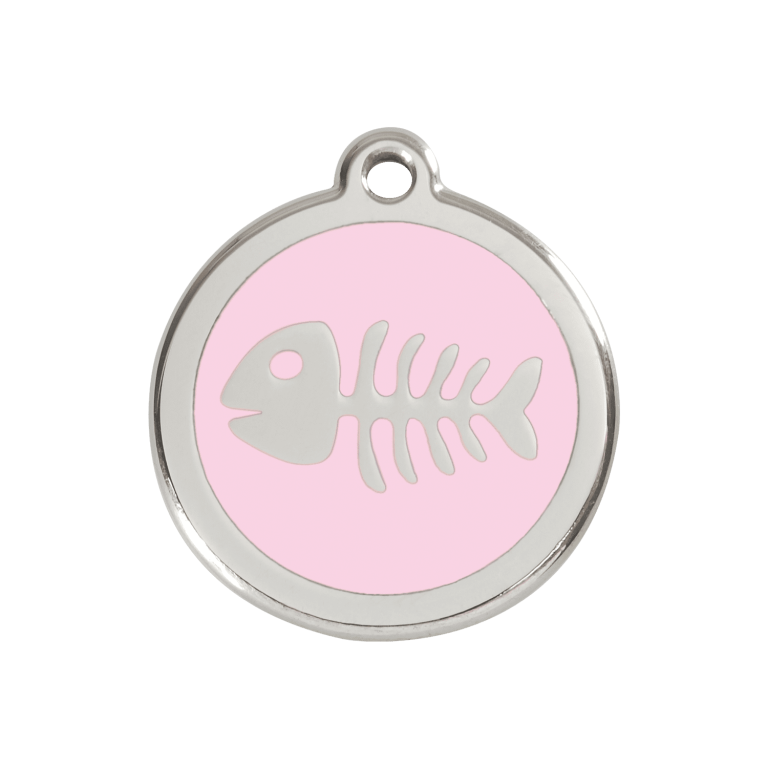 Vue avant - Médaille personnalisée pour chien/chat Red Dingo Émail et acier inoxydable - Squelette de poisson - Rose - Size M