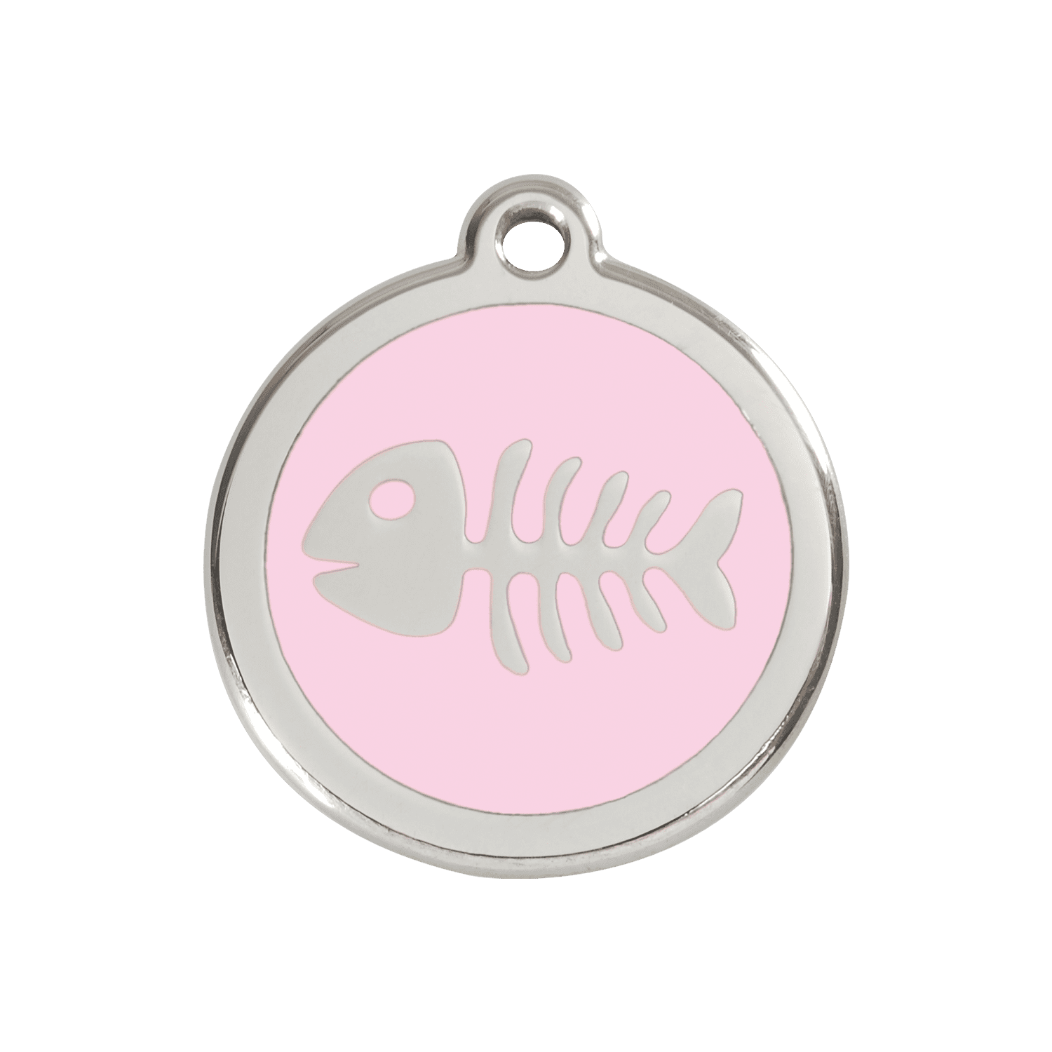Vue avant - Médaille personnalisée pour chien/chat Red Dingo Émail et acier inoxydable - Squelette de poisson - Rose - Size M