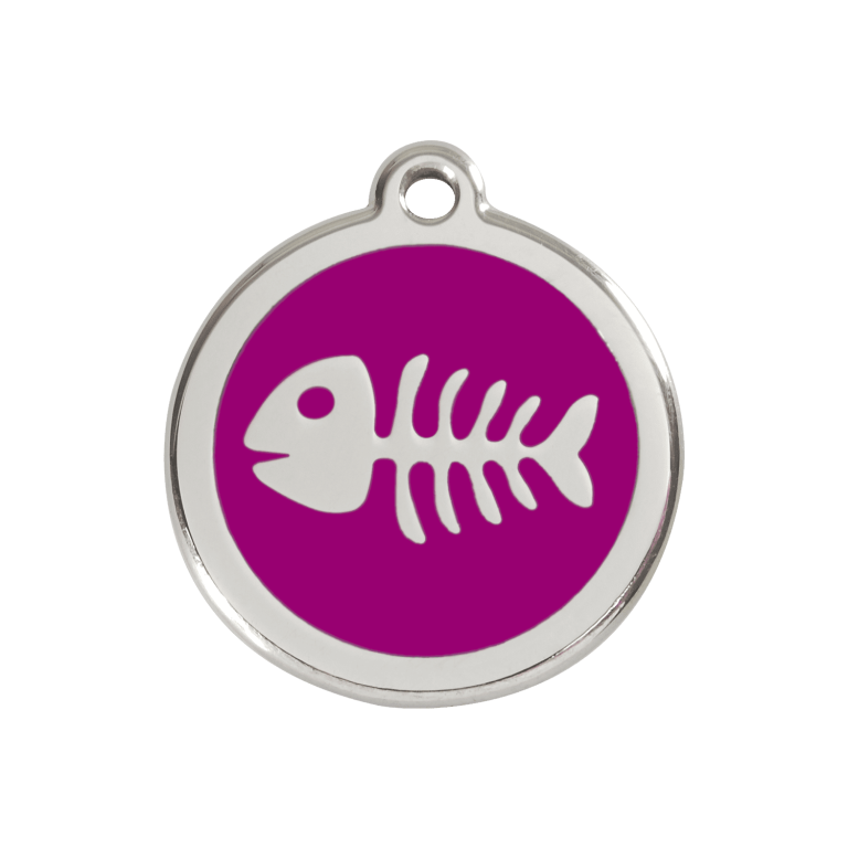 Vue avant - Médaille personnalisable pour chien Red Dingo Émail et acier inoxydable - Squelette de poisson violet - Size M
