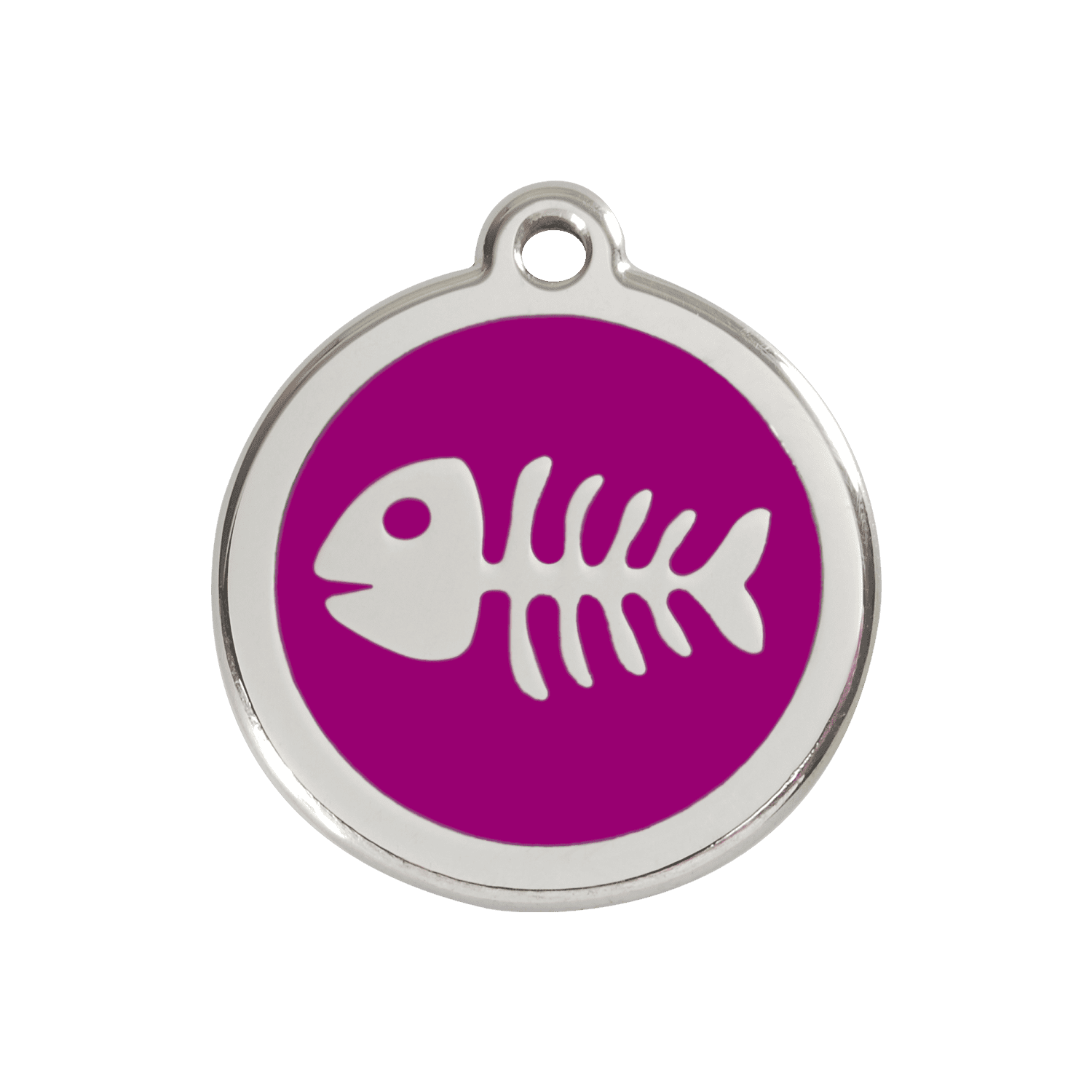 Vue avant - Médaille personnalisable pour chien Red Dingo Émail et acier inoxydable - Squelette de poisson violet - Size M