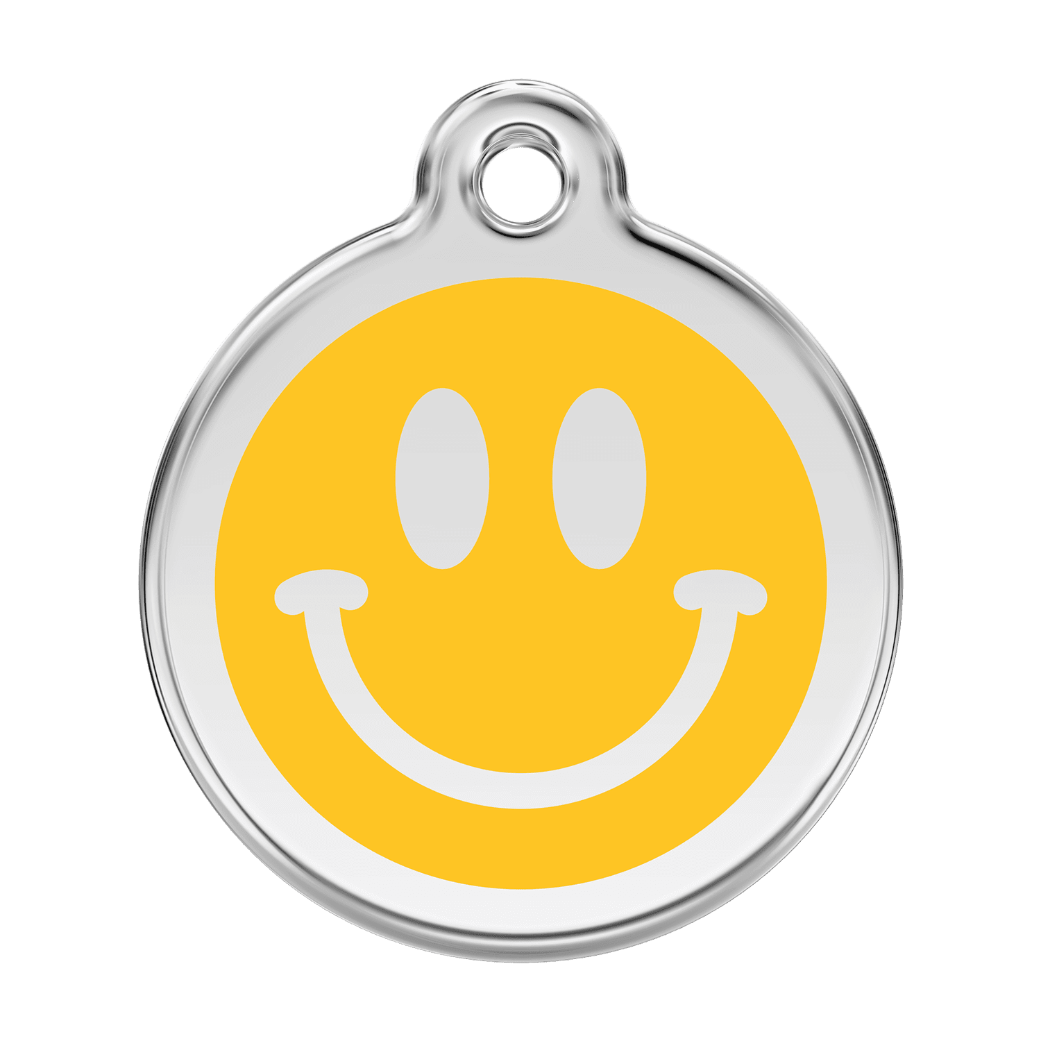Vue avant - Médaille personnalisée pour chien Red Dingo Smiley jaune en émail et acier inoxydable - Size L - Réf : 01-SM-YE-LG