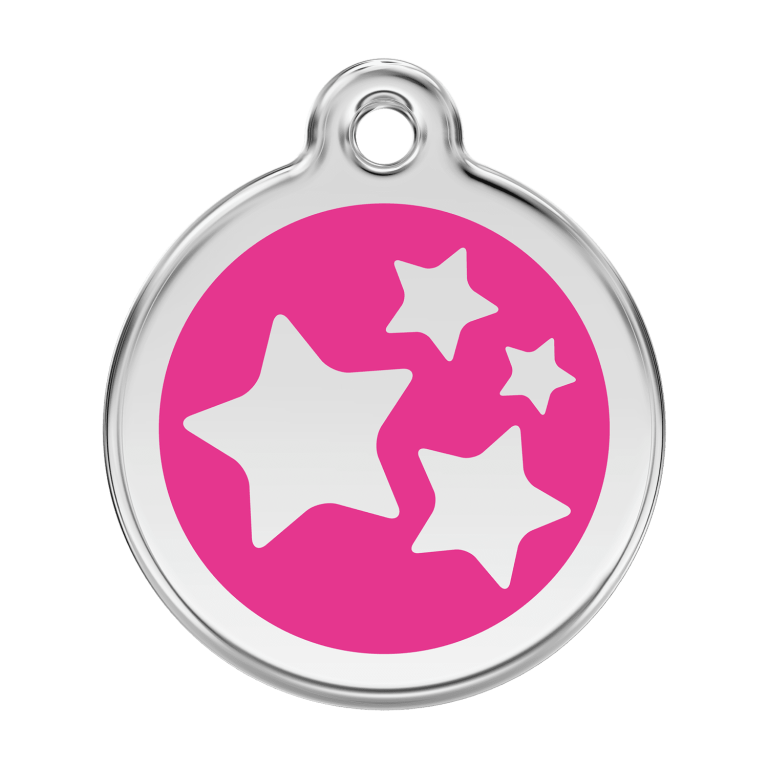Vue avant - Médaille personnalisée pour chien Red Dingo Émail et acier inoxydable - Motif étoile - Rose vif - Size L