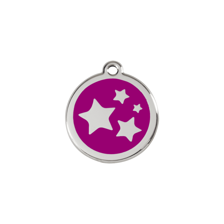 Vue avant - Médaille personnalisable pour chien/chat Red Dingo Émail et acier inoxydable - Motif étoile violet - Size S