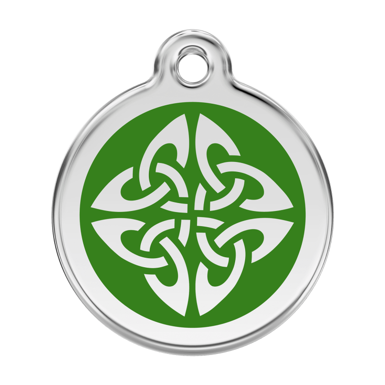 Vue avant - Médaille personnalisée pour chien Red Dingo en émail et acier inoxydable - Motif flèches tribales vert - Size L