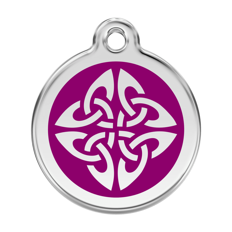 Vue avant - Médaille personnalisée pour chien Red Dingo Émail et acier inoxydable - Flèches tribales violettes - Size L