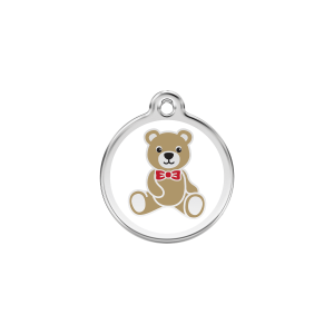Small White Teddy Bear Cat ID Tag in Enamel and Stainless Steel