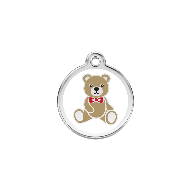 Vue avant - Médaille personnalisable Red Dingo Émail et acier inoxydable - Ours en peluche blanc - Size S