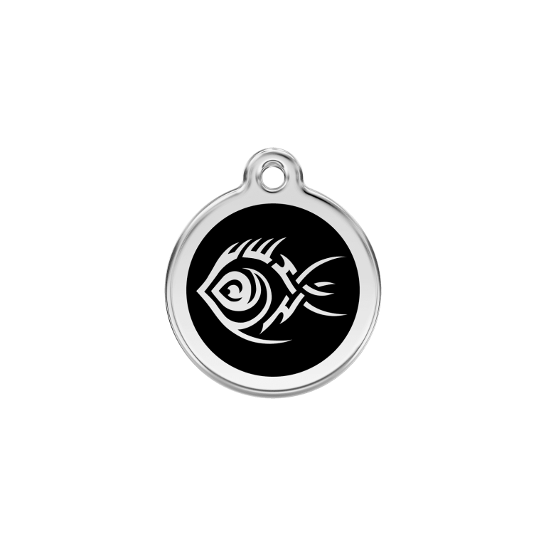 Vue avant - Médaille personnalisée pour chien/chat Red Dingo Émail et acier inoxydable - Poisson tribal - Noir - Size S
