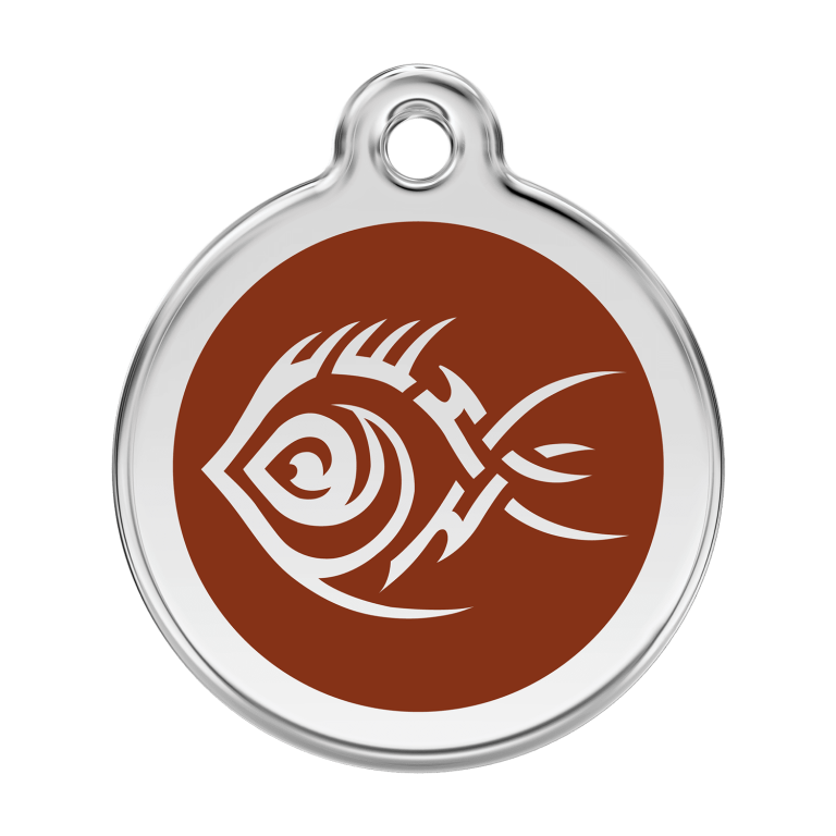 Vue avant - Médaille personnalisée pour chien Red Dingo Émail et acier inoxydable Poisson tribal Brun - Size L