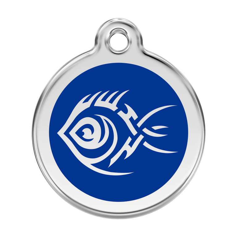 Vue avant - Médaille personnalisée pour chien Red Dingo Émail et acier inoxydable Poisson tribal Bleu foncé - Size L