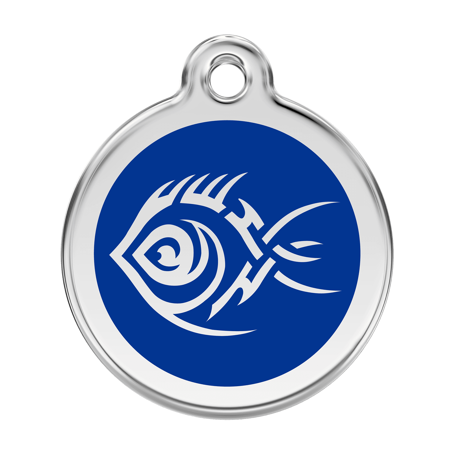 Vue avant - Médaille personnalisée pour chien Red Dingo Émail et acier inoxydable Poisson tribal Bleu foncé - Size L