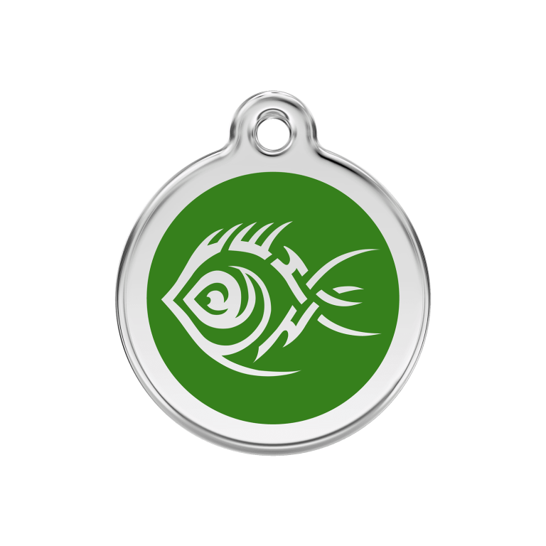 Vue avant - Médaille personnalisée pour chien/chat Red Dingo Émail et acier inoxydable - Motif Poisson tribal - Vert - Size M