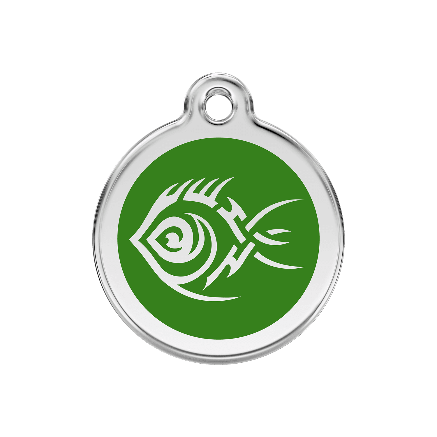Vue avant - Médaille personnalisée pour chien/chat Red Dingo Émail et acier inoxydable - Motif Poisson tribal - Vert - Size M
