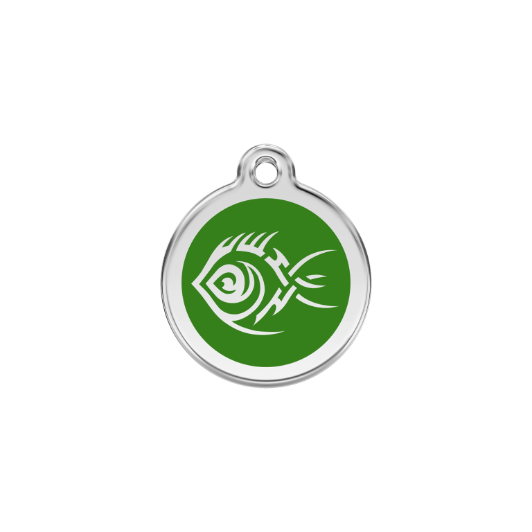 Vue avant - Médaille personnalisée pour chien/chat Red Dingo Émail et acier inoxydable - Poisson tribal - Vert - Size S
