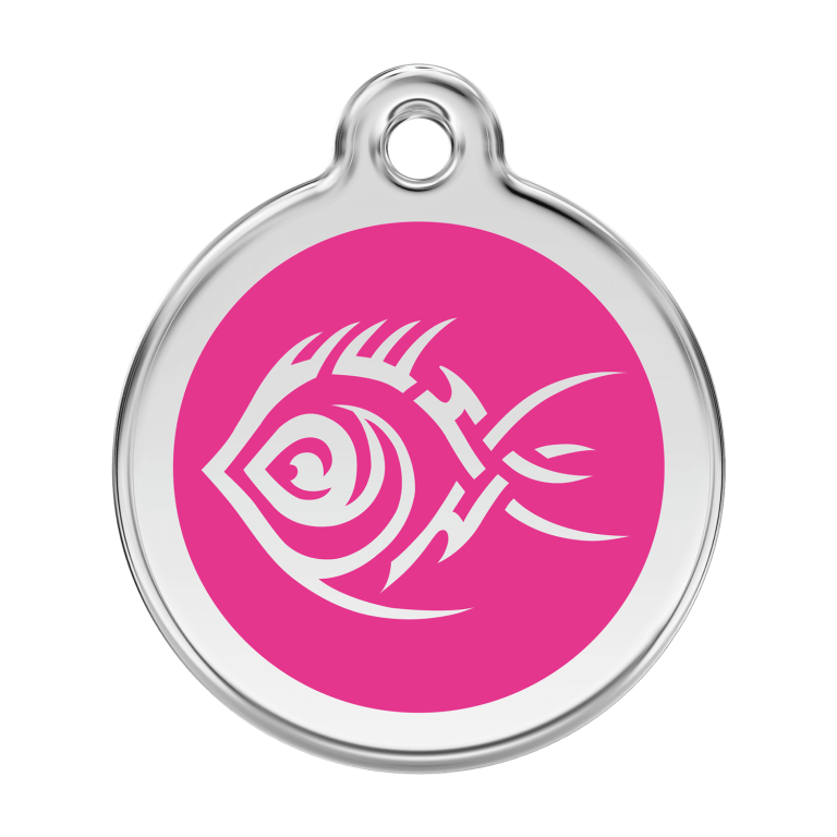 Vue avant - Médaille personnalisée pour chien Red Dingo Émail et acier inoxydable Poisson tribal Rose vif - Size L