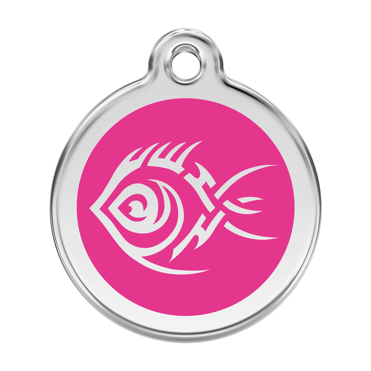 Vue avant - Médaille personnalisée pour chien Red Dingo Émail et acier inoxydable Poisson tribal Rose vif - Size L