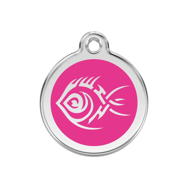 Vue avant - Médaille personnalisée pour chien Red Dingo Émail et acier inoxydable motif poisson tribal rose vif - Size M
