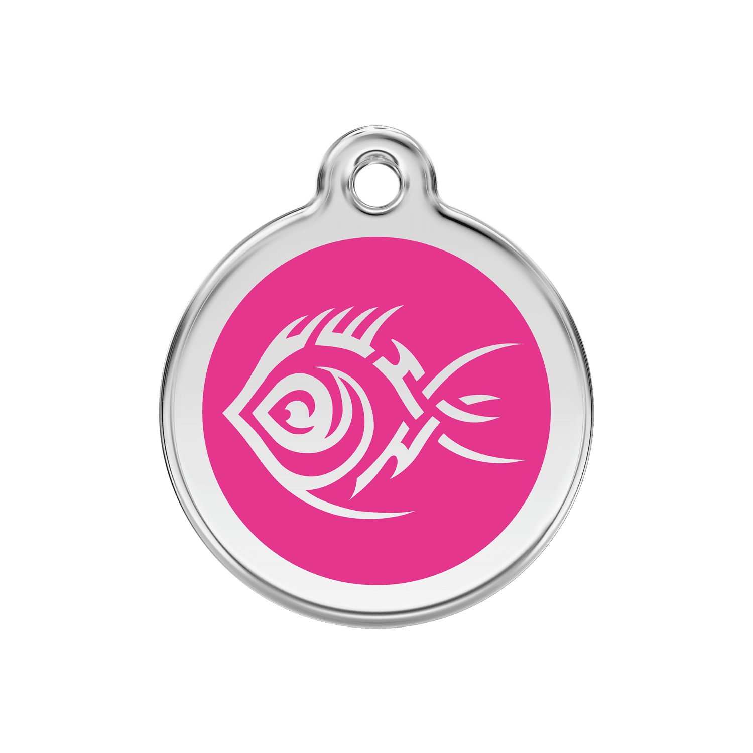 Vue avant - Médaille personnalisée pour chien Red Dingo Émail et acier inoxydable motif poisson tribal rose vif - Size M