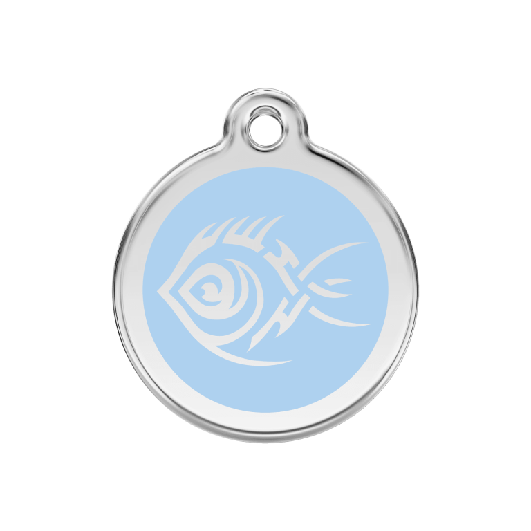 Vue avant - Médaille personnalisée pour chien Red Dingo Émail et acier inoxydable - Poisson tribal - Bleu clair - Size M