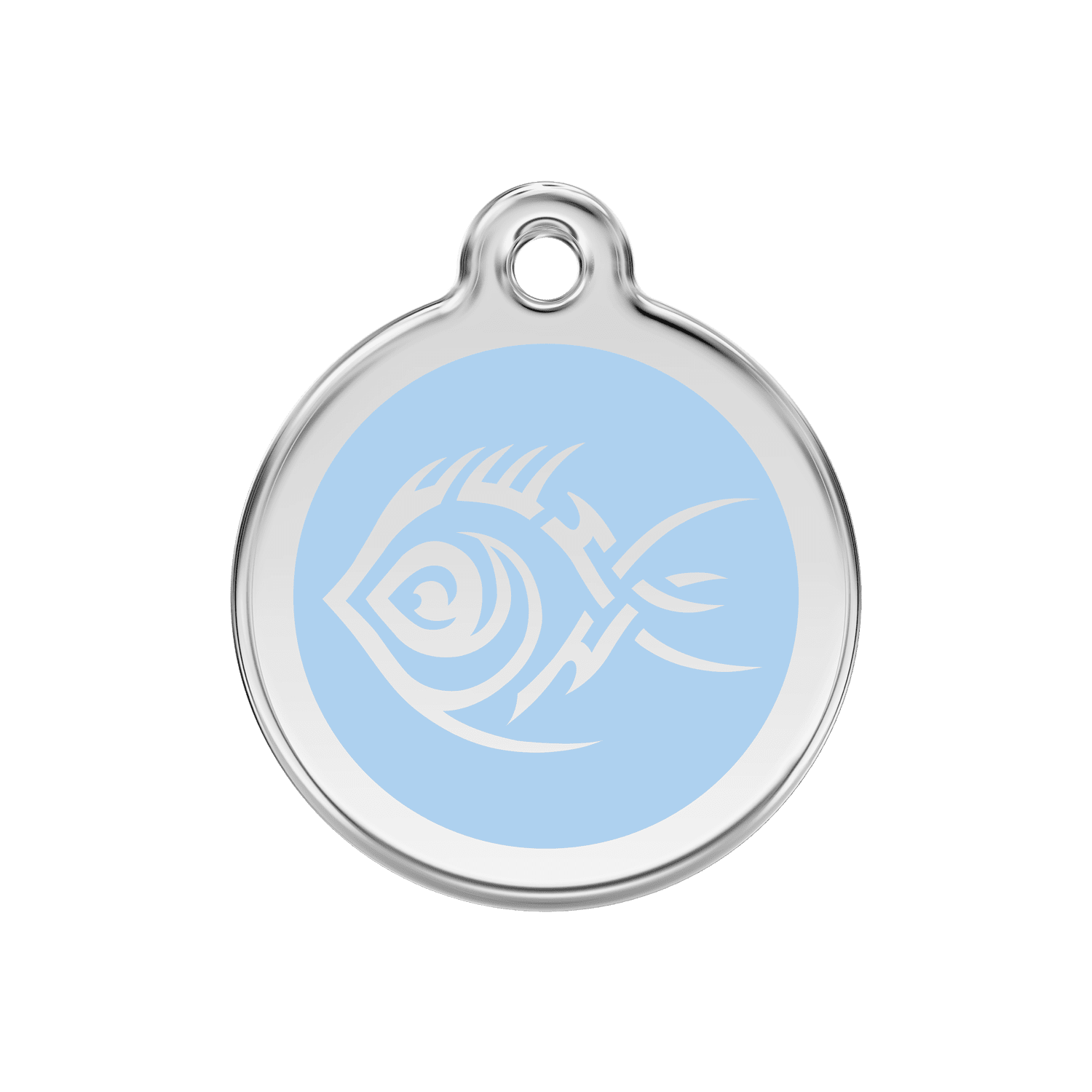 Vue avant - Médaille personnalisée pour chien Red Dingo Émail et acier inoxydable - Poisson tribal - Bleu clair - Size M