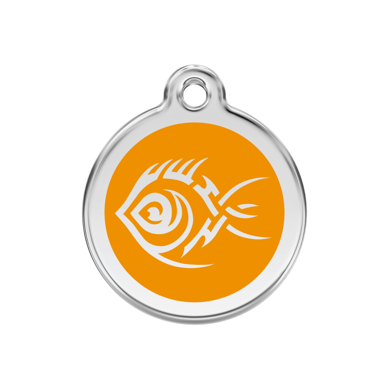 Vue avant - Médaille personnalisée pour chien Red Dingo Émail et acier inoxydable motif poisson tribal orange - Size M