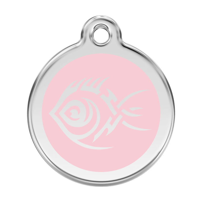Vue avant - Médaille personnalisée pour chien Red Dingo Émail et acier inoxydable - Poisson tribal - Rose - Size L