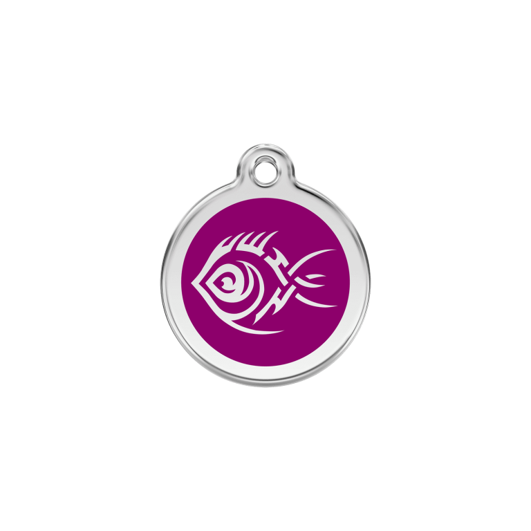 Vue avant - Médaille personnalisée pour chat Red Dingo Émail et acier inoxydable - Motif Poisson tribal - Violet - Size S