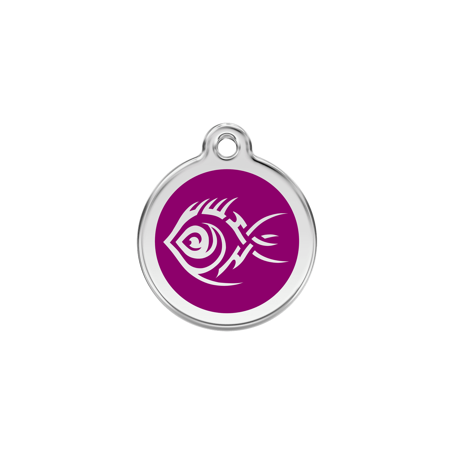 Vue avant - Médaille personnalisée pour chat Red Dingo Émail et acier inoxydable - Motif Poisson tribal - Violet - Size S