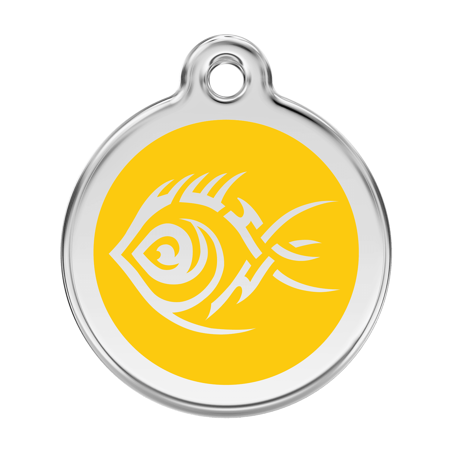 Vue avant - Médaille personnalisée pour chien Red Dingo Émail et acier inoxydable - Poisson tribal Jaune - Size L