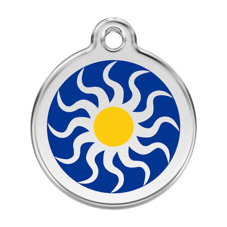 Vue avant - Médaille personnalisée pour chien Red Dingo Émail et acier inoxydable - Soleil tribal - Bleu foncé - Size L