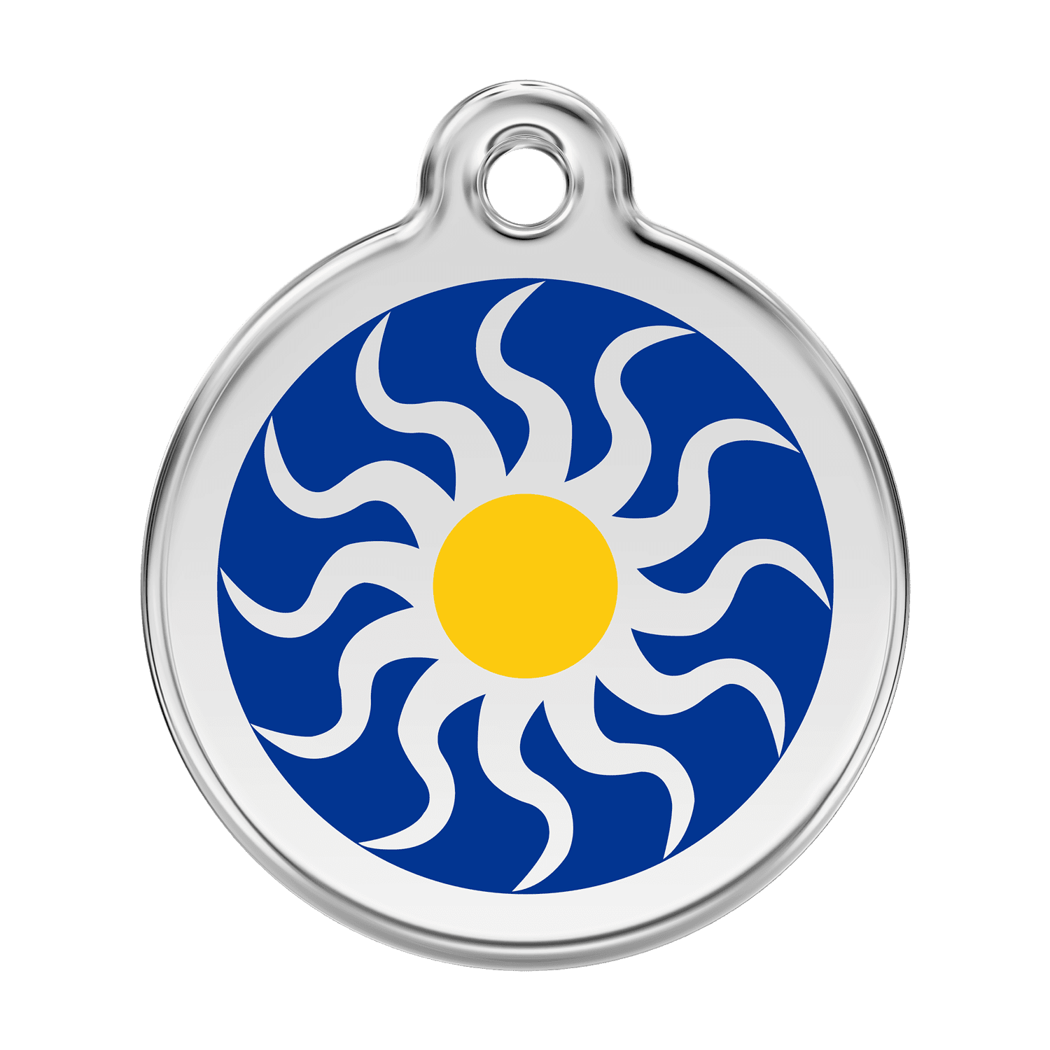 Vue avant - Médaille personnalisée pour chien Red Dingo Émail et acier inoxydable - Soleil tribal - Bleu foncé - Size L