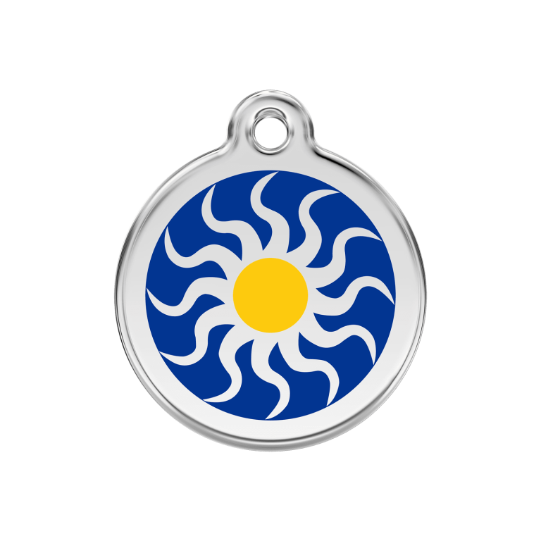 Vue avant - Médaille personnalisée pour chien/chat Red Dingo Émail/Acier inoxydable Soleil Tribal Bleu foncé - Size M