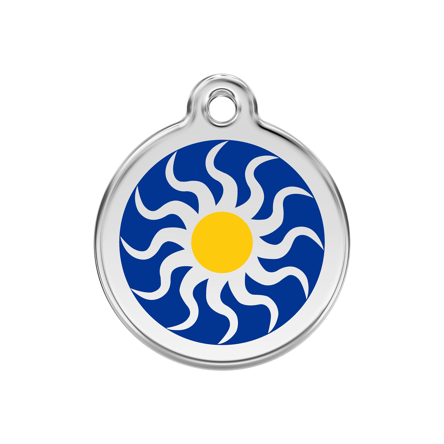 Vue avant - Médaille personnalisée pour chien/chat Red Dingo Émail/Acier inoxydable Soleil Tribal Bleu foncé - Size M