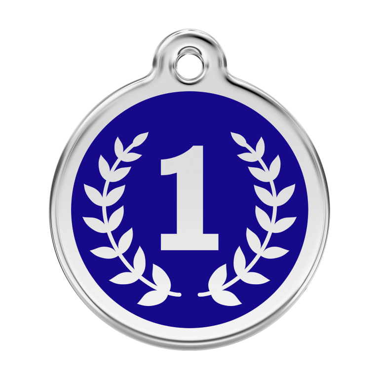 Vue avant - Médaille personnalisée pour chien Red Dingo Émail et acier inoxydable - Motif Gagnant - Bleu foncé - Size L