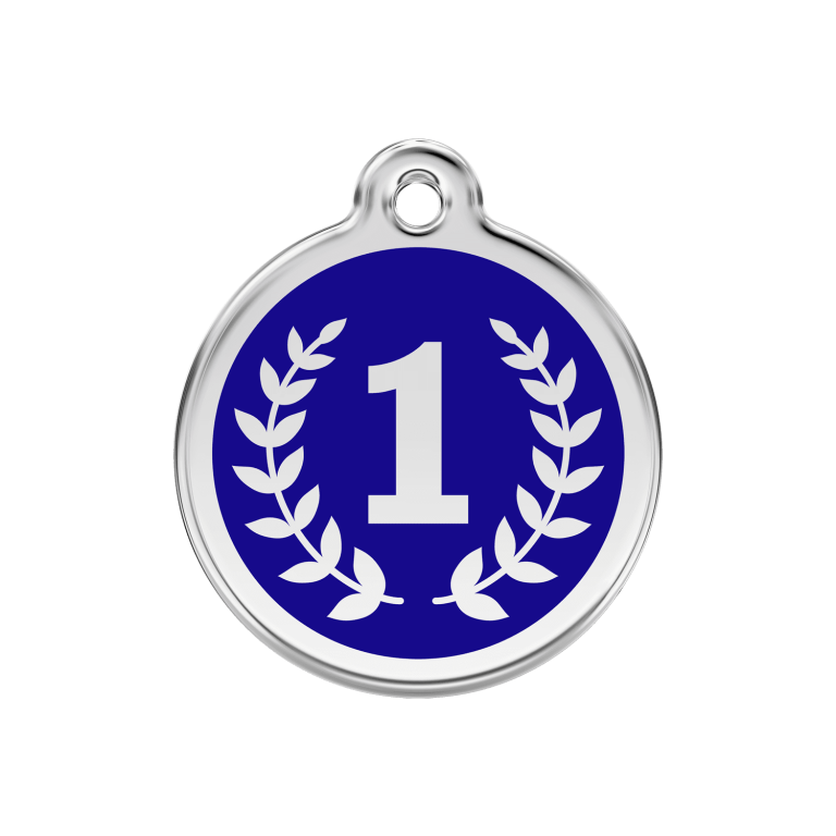 Vue avant - Médaille personnalisée pour chien Red Dingo Émail et acier inoxydable - Motif Gagnant - Bleu foncé - Size M