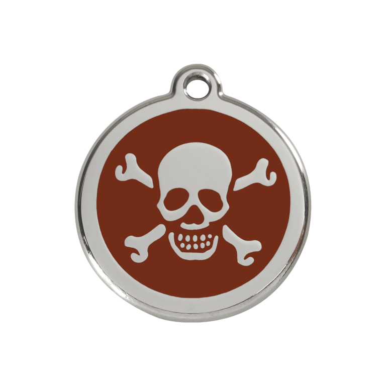 Vue avant - Médaille personnalisée pour chien Red Dingo en émail et acier inoxydable - Tête de mort brun - Size M