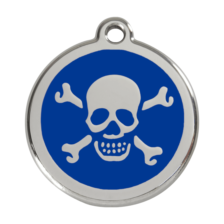 Vue avant - Médaille personnalisée pour chien Red Dingo Émail et acier inoxydable - Tête de mort - Bleu foncé - Size L