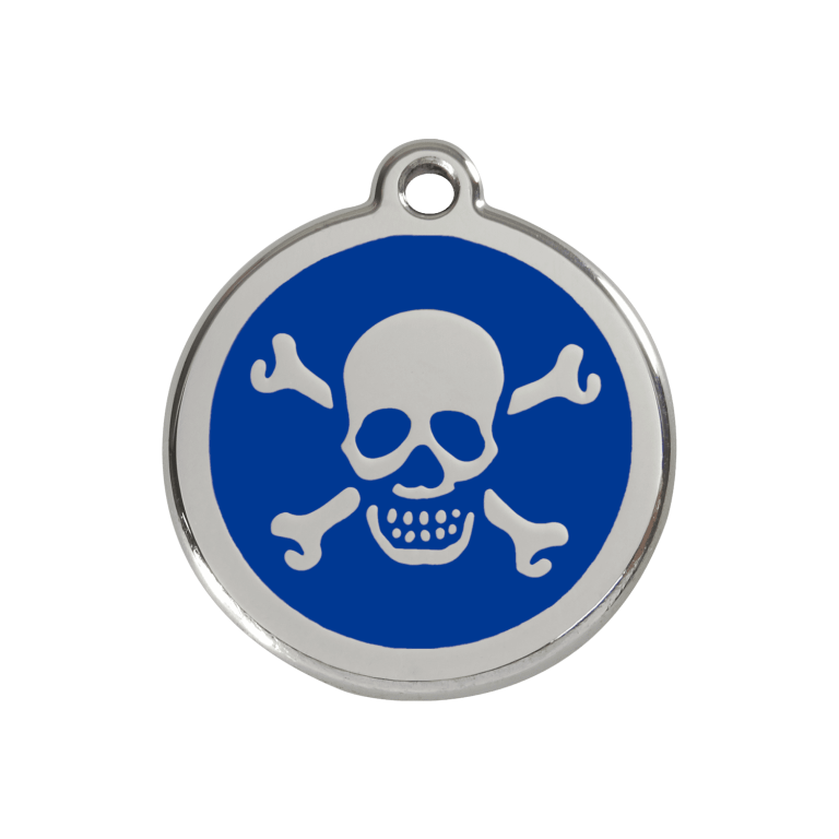 Vue avant - Médaille personnalisée pour chien Red Dingo Émail et acier inoxydable Tête de mort Bleu foncé - Size M