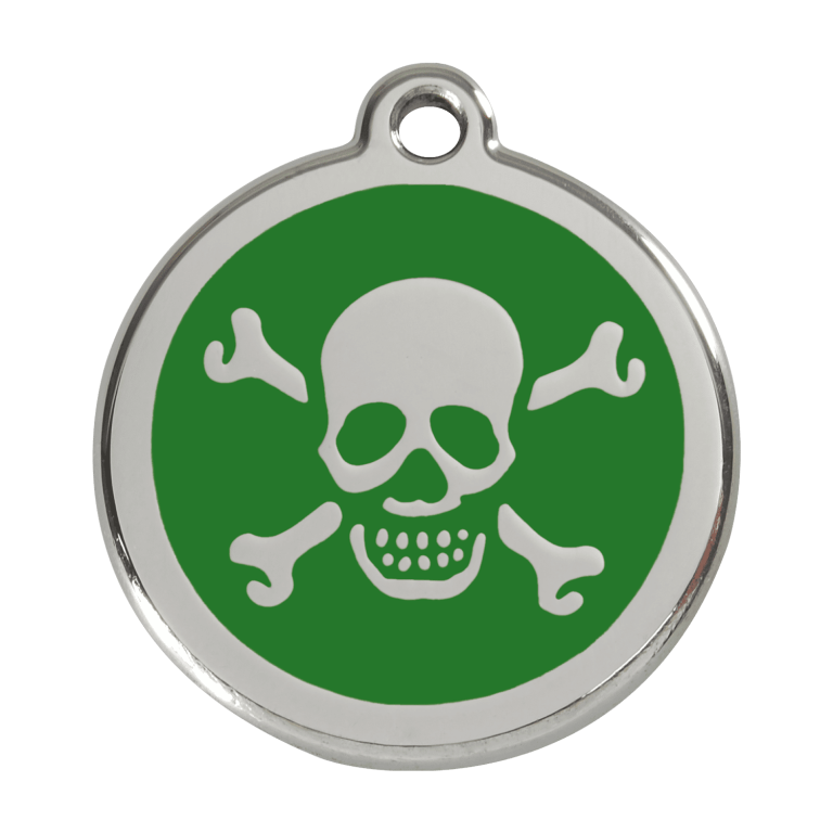 Vue avant - Médaille personnalisée pour chien Red Dingo Émail et acier inoxydable - Tête de mort - Vert - Size L