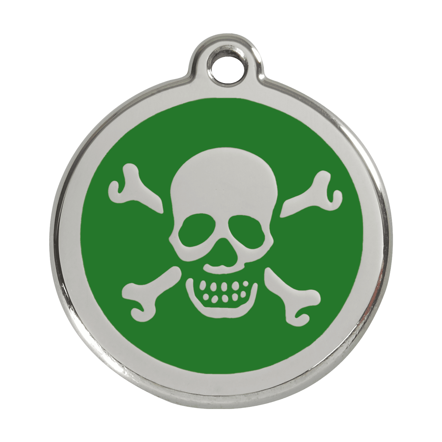 Vue avant - Médaille personnalisée pour chien Red Dingo Émail et acier inoxydable - Tête de mort - Vert - Size L