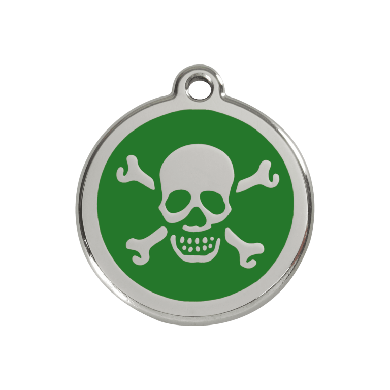 Vue avant - Médaille personnalisée pour chien/chat Red Dingo Émail et acier inoxydable - Tête de mort vert - Size M