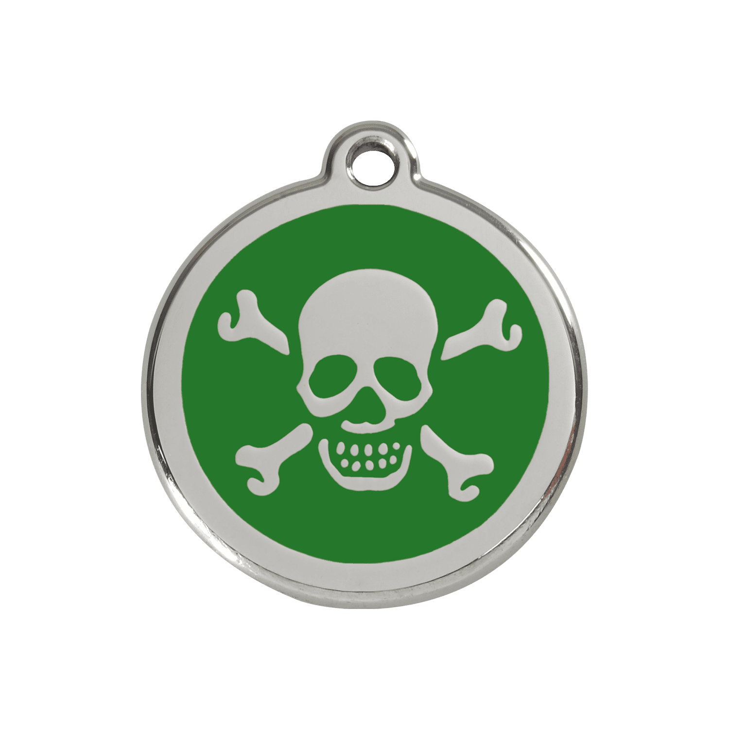 Vue avant - Médaille personnalisée pour chien/chat Red Dingo Émail et acier inoxydable - Tête de mort vert - Size M