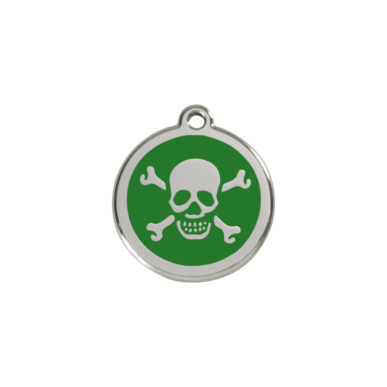 Vue avant - Médaille personnalisée pour chien/chat Red Dingo Émail et acier inoxydable - Tête de mort vert - Size S
