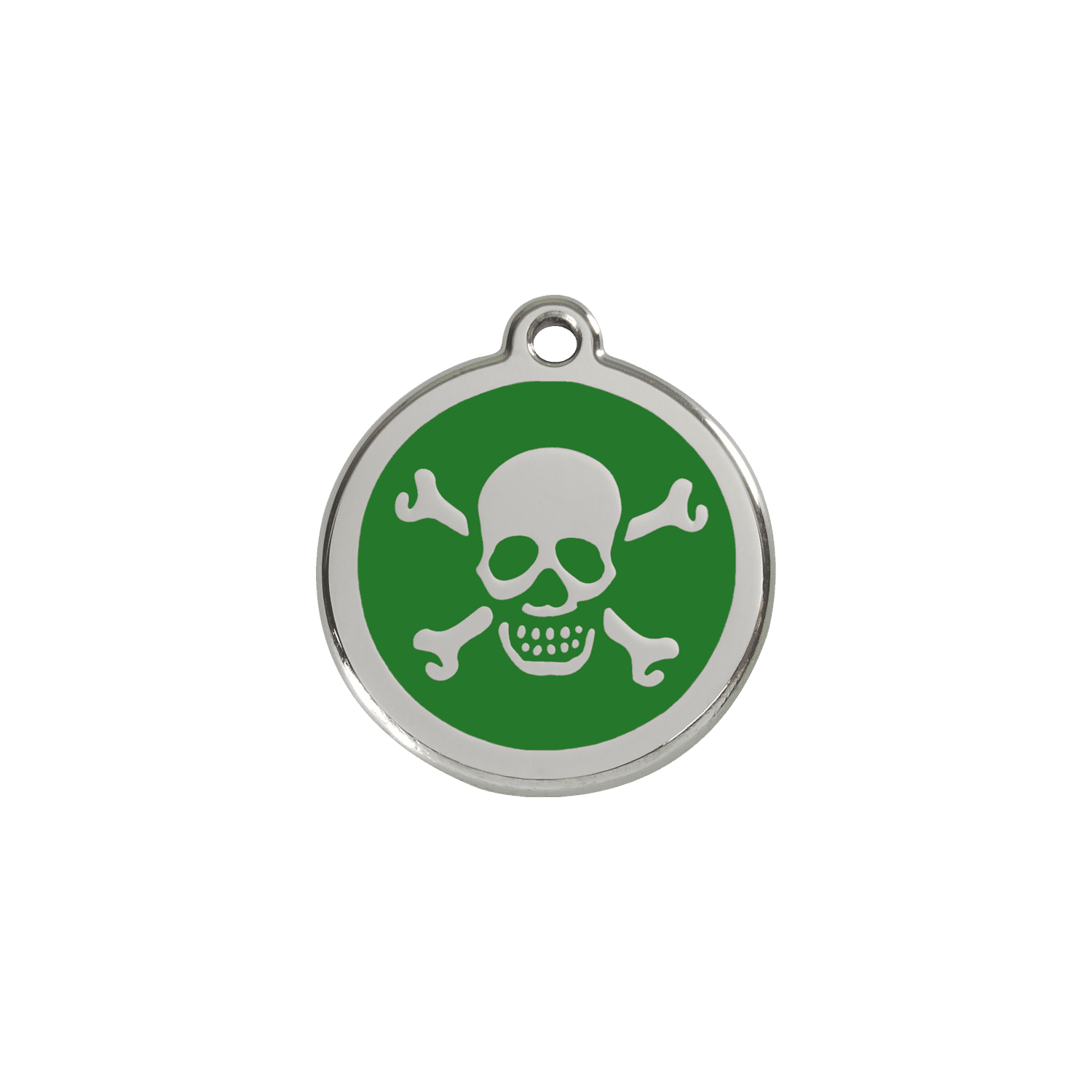 Vue avant - Médaille personnalisée pour chien/chat Red Dingo Émail et acier inoxydable - Tête de mort vert - Size S