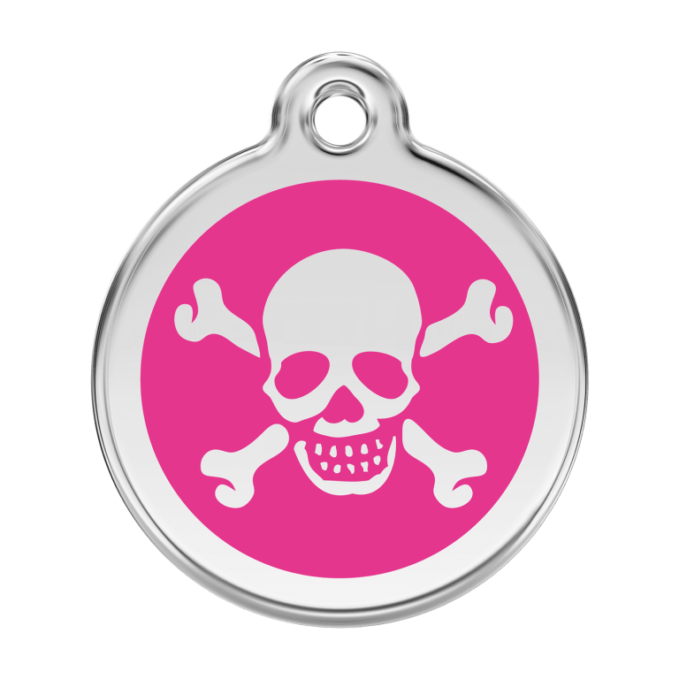 Vue avant - Médaille personnalisée pour chien Red Dingo Émail et acier inoxydable - Tête de mort - Rose vif - Size L