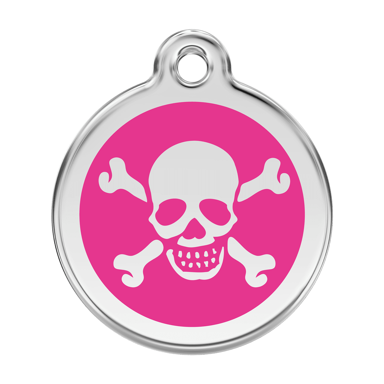 Vue avant - Médaille personnalisée pour chien Red Dingo Émail et acier inoxydable - Tête de mort - Rose vif - Size L