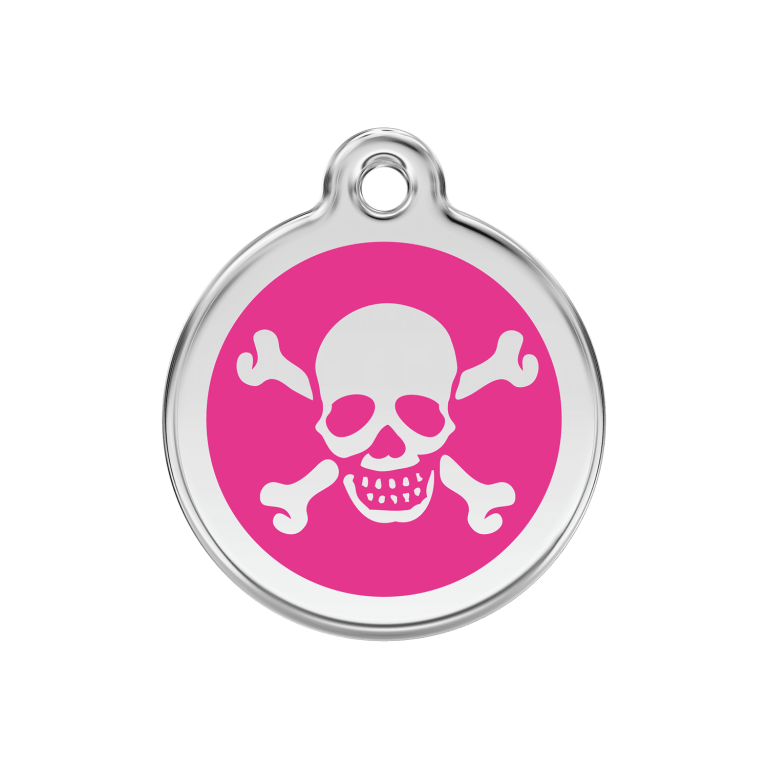 Vue avant - Médaille personnalisée Red Dingo Émail et acier inoxydable - Tête de mort - Rose vif - Size M