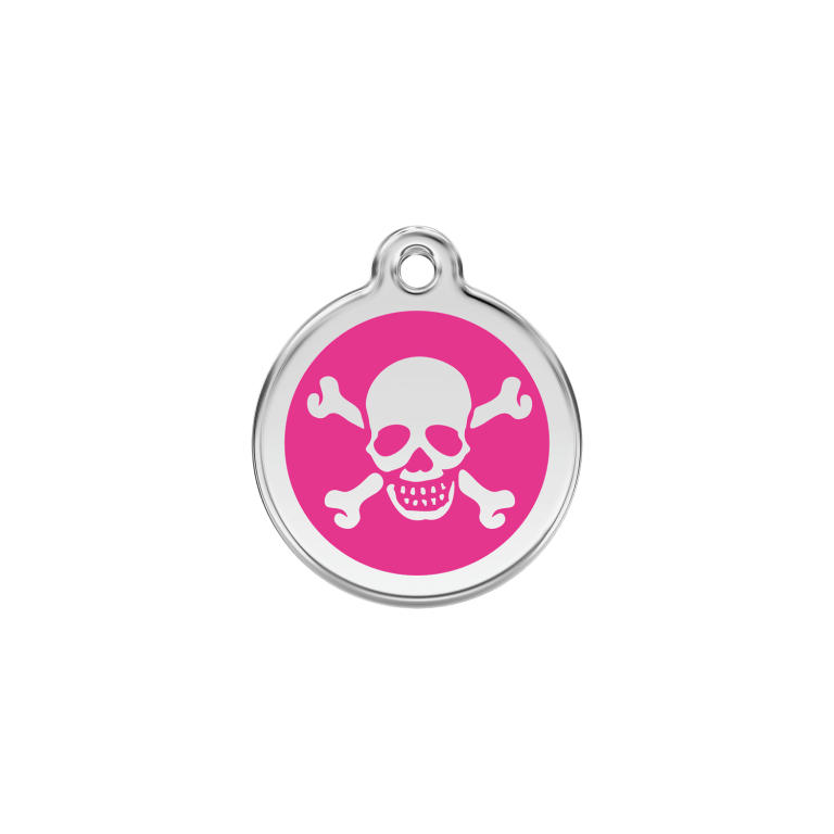Vue avant - Médaille personnalisée en émail et acier inoxydable pour chat - Red Dingo - Tête de mort rose vif - Size S